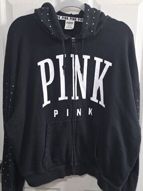 Victoria's Secret PINK Black Zip Hoodie with White Logo Trim